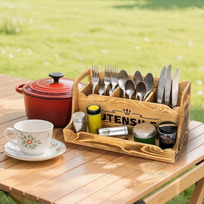 15" Kitchen Utensil Holder with Spice Bottles Tray, Extra Large Wood Countertop Utensil Organizer with Handles, 4 Compartment Cooking Tool Storage Caddy for Home Decor Gift