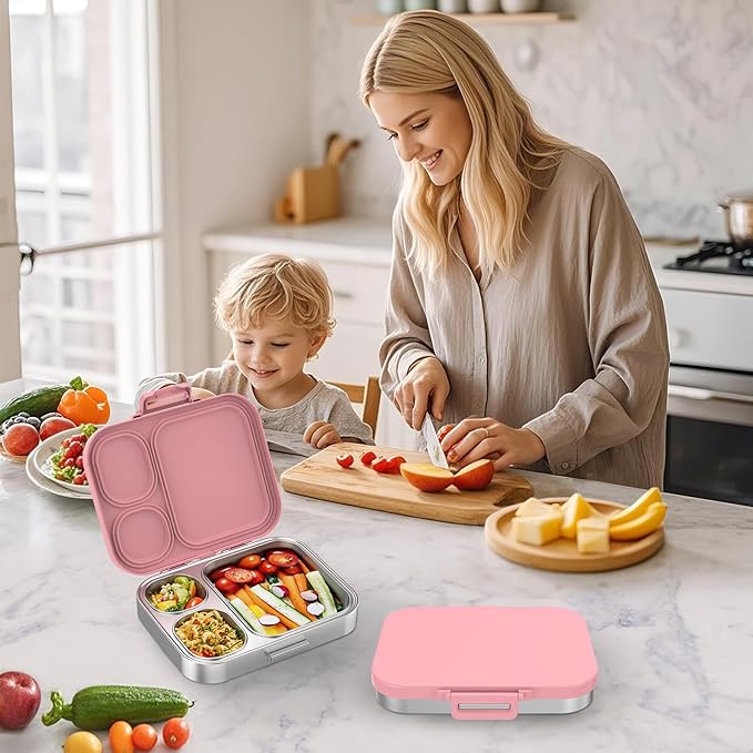 Stainless Steel Lunch Box, Leak-Proof with free sealing Bento Box 3 Compartments, Metal Lunchbox for Travel & Work, Eco-Friendly Meal Storage Solution Pink