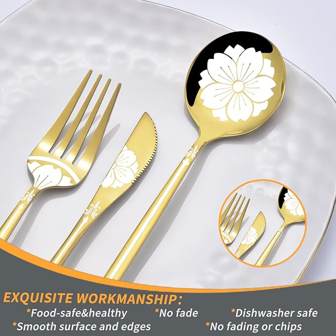Gold Silverware Set with Pattern 20 Piece, Stainless Steel Flatware Sets for 4, LaienLife Unique Utensils Set with Forks Spoons Teaspoon, Home Party Kitchen Cutlery, Mirror Polished Dishwasher Safe
