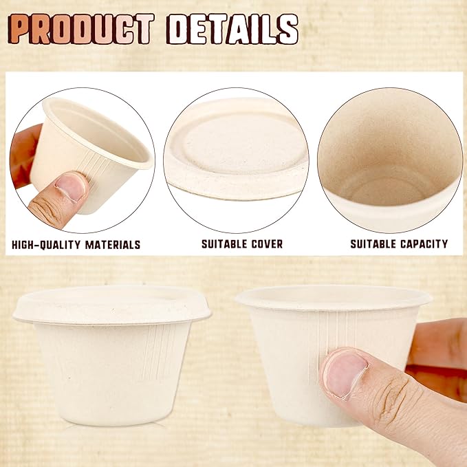 160 Pcs 4 oz Bagasse Fiber Souffle Cups with Lids Natural Disposable Paper Condiment Cups Compostable Portion Cups Sample Bowls for Snack Tasting Salad Dressing Food Storage