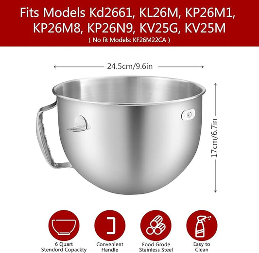Stainless Steel Bowl for KitchenAid Professional 5 Plus Series and 6 Quart Bowl-Lift Stand Mixer,Mixing Bowl for Kitchenaid Picurean and Professional Models,(With Lid)