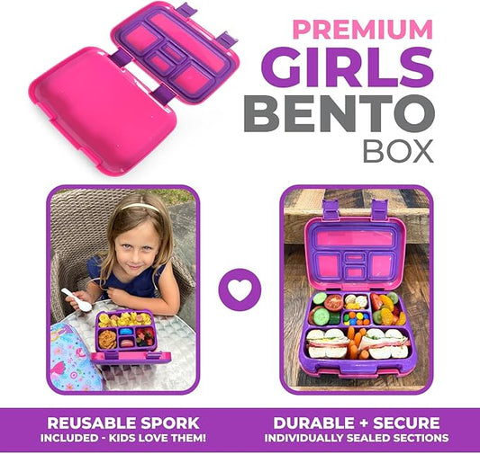 kinsho Bento Lunch Box for Kids Toddlers Girls, 5 Portion Sections Secure Lid, Microwave Safe BPA Free Removable Tray, Pre-School Kid Daycare Lunches Snack Container Ages 3 to 5, Pink Purple
