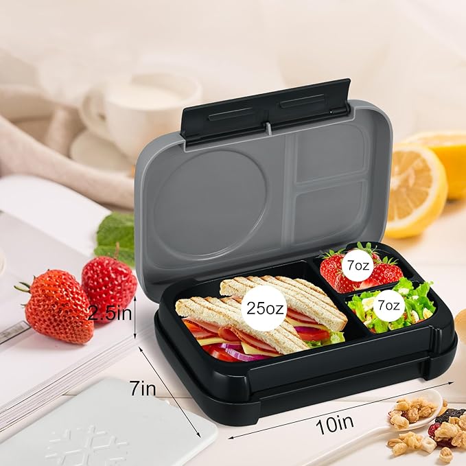 Bento Box for Kids,Kids Bento Lunch Box with Built-in Ice Pack for School,3 Compartments Leak Proof Lunch Container with Utensils for Girl Boy;BPA Free,Microwave & Dishwasher Safe, 44oz(Gray)