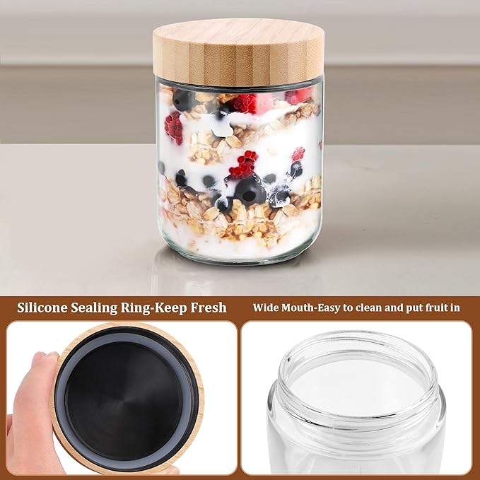 Glass jar with Bamboo lids 6 Set, 16oz overnight oats containers with lids, Glass Mason jars, Reusable Meal Prep Jars with Airtight Lids for Food Yogurt Snacks Storage