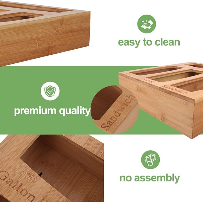 Premium Quality Solid Bamboo One Piece Plastic Bags Organizer, Food Storage Bag Dispenser for Kitchen Drawer, Bamboo Plastic Bag Organizer, Home Organization for Gallon Quart Snack Sandwich Bags