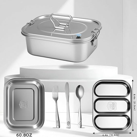 304 Stainless Steel Bento Box Leakproof 3-Compartment Tray, 1800ml Stainless Steel Lunch Box with Airtight Valve Handle, Including Utensil Set (Fork/Knife/Chopsticks) for Travel, Work.