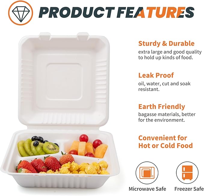 togo Containers Disposable - 50 Pcs 8" x 8" clamshell Take Out Food Containers 100% Compostable, White Biodegradable Meal Prep Box, To Go Containers with Lids for Food (3-Compartment)