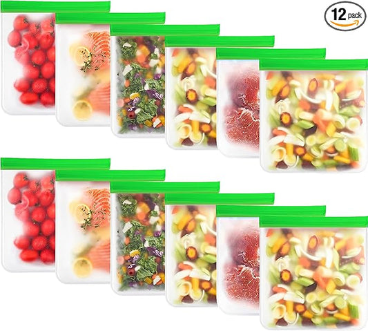 12-Pack Reusable Food Storage Bags (XL & Gallon Sizes) – Leakproof, Eco-Friendly Ziplock Bags for Meal Prep, Travel, Freezer Storage, and Kitchen Organization – Durable & BPA-Free