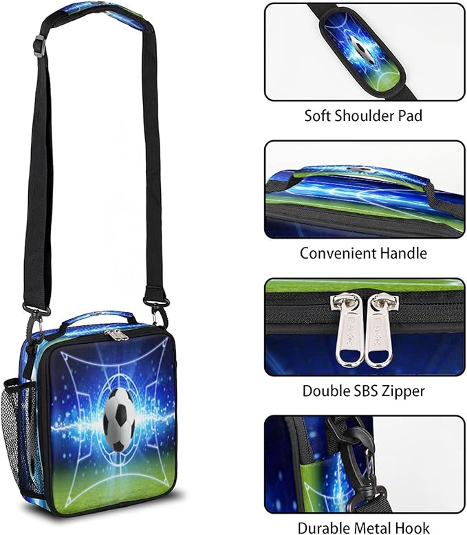 Soccer Football Kids Lunch Box Soccer Sport Insulated Lunch Bag Tote for Girls Boys, Cooler Freezable Meal Prep Bag with Shoulder Strap Waterproof Lunch Container for School Office Picnic