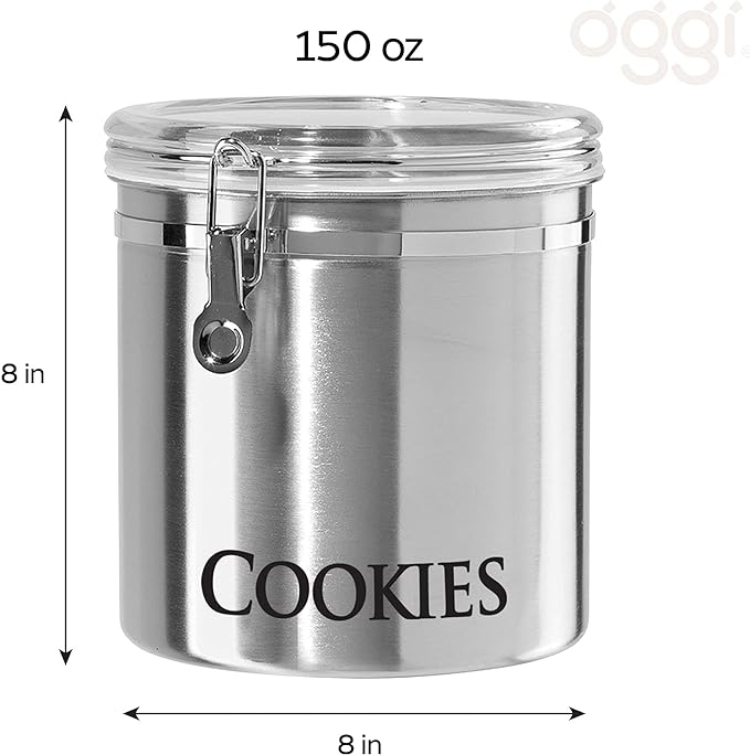 Oggi Jumbo 8" Stainless Steel Cookies Clamp Canister - Airtight Food Storage Container Ideal for Kitchen & Pantry Storage of Cookies or other Bulk, Dry Foods.