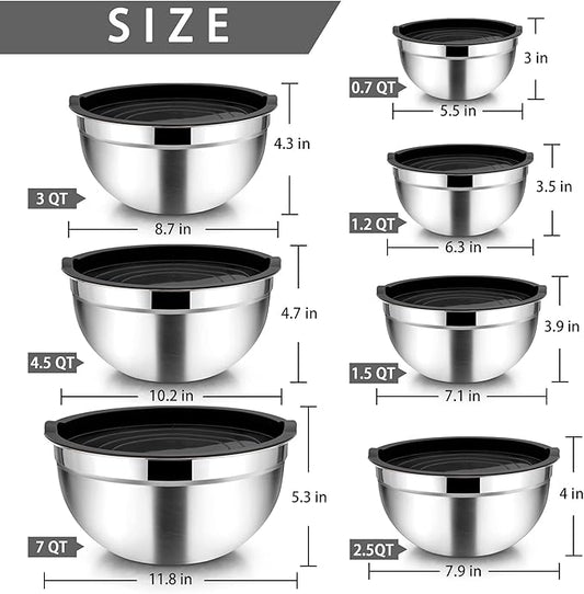 TeamFar Mixing Bowls with Lids Set of 7, Stainless Steel Nesting Salad Mixing Bowls with 16 PCS Cooking Utensils Set, 7, 4.5, 3, 2.5, 1.5, 1.2, 0.7 QT, Fit for Mixing/Prepping, Black