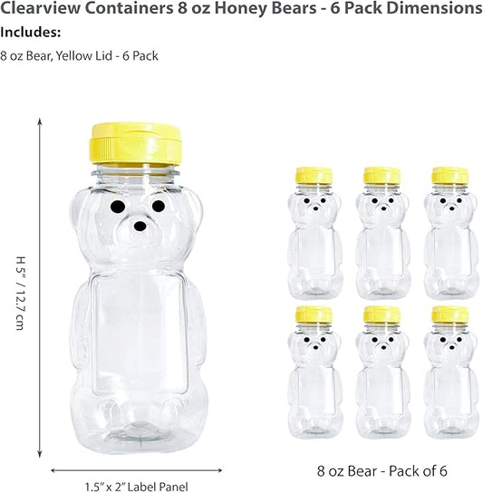 6 Pack of 8 Ounce Honey Bears with Sealable Yellow Flip Top Lids (8 oz. Bear, 6pk, Yellow)