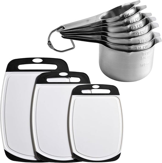 Spring Chef Stainless Steel Measuring Cups, Set of 7 & Set of 3 Cutting Boards for Kitchen With Soft Grip Handles, Black - 2 Product Bundle
