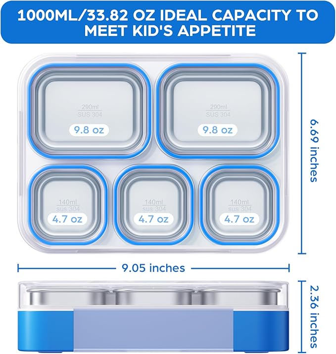 Bento Box Stainless Steel Lunch Box Set with for Lunch Bag Kids Adult 5-Compartment Leakproof Insulated Lunch Containers with Utensils for School Works, Metal Lunchbox Tray BPA-Free (Blue)