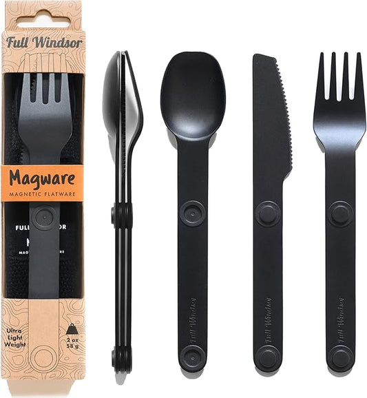 FULL WINDSOR - MAGWARE Magnetic Camping Cutlery Set - Travel Utensils for Camping, Cooking, and Outdoor Dining - Knife, Fork & Spoon- Portable Silverware with Pouch - Fathers Day Gifts - Black (3 PCS)