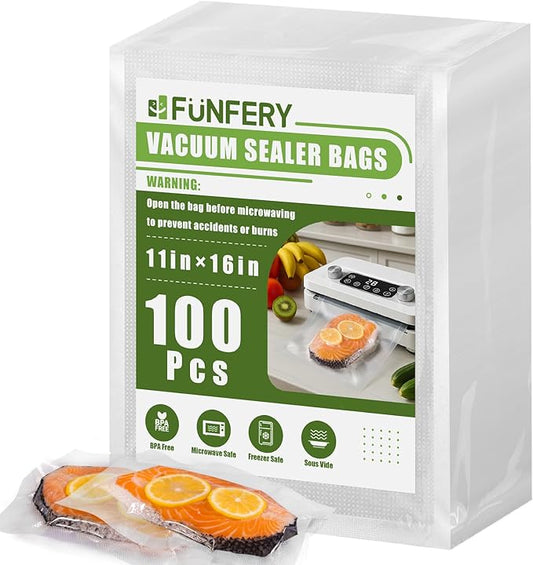 FUNFERY Precut Vacuum Sealer Bags for Food, 100 Gallon 11" x 16", Food Long-Term Storage and Sous Vide Commercial-Grade Bag, BPA Free for Microwave, Boiling,Sous Vide, Refrigerator