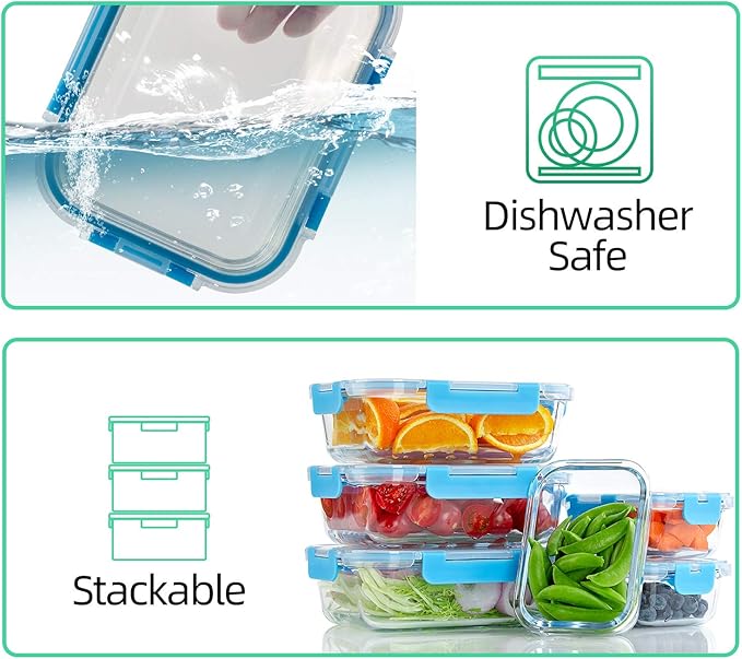 C CREST Glass Meal Prep Containers, [10 Pack] Glass Food Storage Containers with Lids, Airtight Glass Bento Boxes, BPA Free & Leak Proof (10 Lids & 10 Containers)