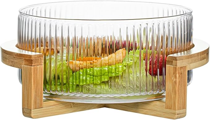 Ribbed Glass Salad Bowl with Wooden Stand – Large Mixing Bowl for Serving Salad, Fruits, Pasta & Desserts – Elegant Glass Serving Bowl with Natural Bamboo Holder – Modern Kitchen & Dining Tableware