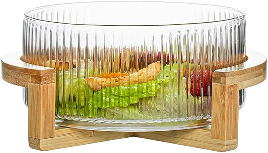 Ribbed Glass Salad Bowl with Wooden Stand – Large Mixing Bowl for Serving Salad, Fruits, Pasta & Desserts – Elegant Glass Serving Bowl with Natural Bamboo Holder – Modern Kitchen & Dining Tableware