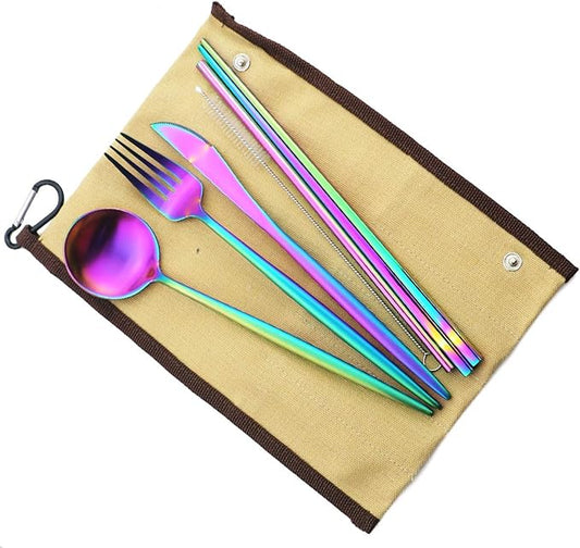 Reusable Travel Utensils, 7 Piece Portable 304 Stainless Steel including Knife Fork Spoon Chopsticks Cleaning Brush Straws Portable Pouch, Eco-friendly Camping Silverware Set, Dishwasher Safe