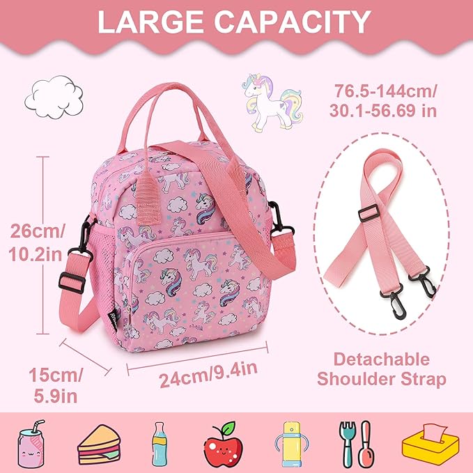 RAVUO Unicorn Lunch Bag Water Resistant Insulated Cute Girls Lunch Box for Kids Reusable Lunch Tote with Detachable Shoulder Strap