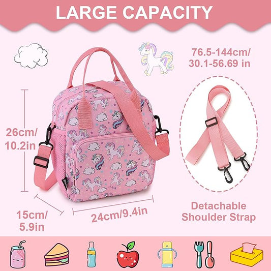 RAVUO Unicorn Lunch Bag Water Resistant Insulated Cute Girls Lunch Box for Kids Reusable Lunch Tote with Detachable Shoulder Strap