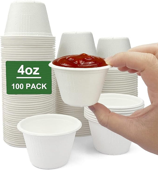 CAMKYDE 4 oz Disposable Bagasse Fiber Souffle Cups 100pk, 100% Natural Biodegradable Compostable Condiment Cups Sample Cup Tasting Cup (White, Pack of 100)