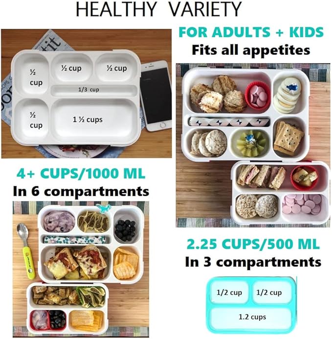 Bento Lunch-Box Set for Kids includes Snack Container | 6 and 3 Compartment Boxes Leakproof School Bentos or Meal Portion Control Containers BPA Free, Boys Girls Adults, Teal Large + MINI 2 pack