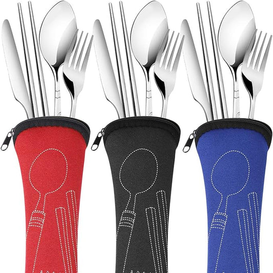 6 Pack Reusable Flatware Sets Knife, Fork, Spoon, Chopsticks, 24Pcs Portable Travel Stainless Steel Tableware Dinnerware with Carrying Case
