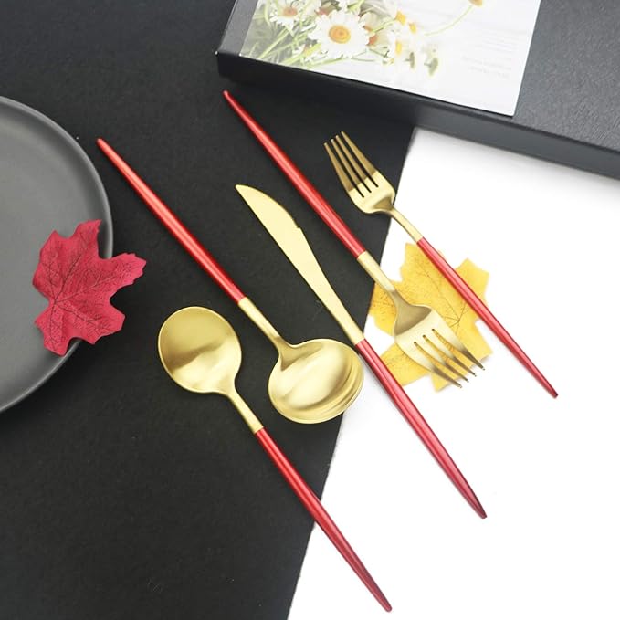 JASHII Luxury 18/10 Red Handle Flatware Gold Silverware Set 304 Stainless Steel Flatware Cutlery Set| 20-Piece Adaline Royal Modern Satin Finish| BEST Birthday Wedding Gift (Red Handle Matte Gold)