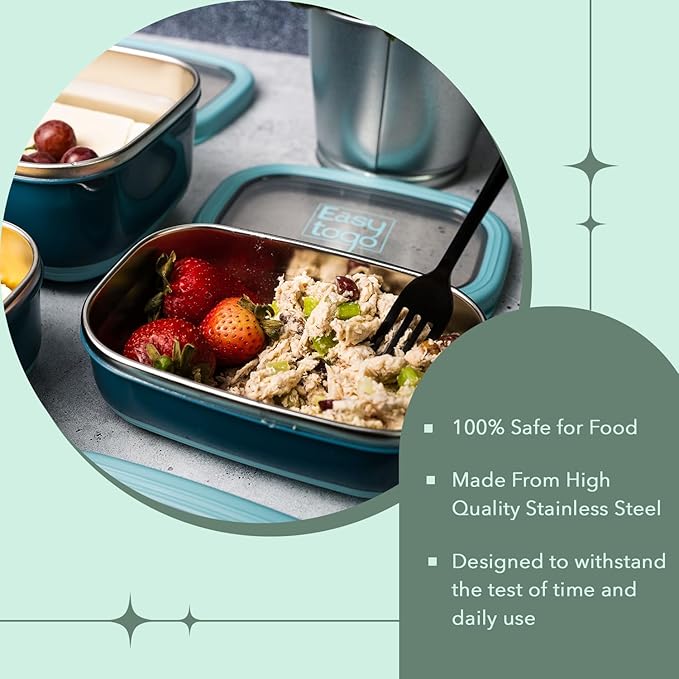 3 Pack Stainless Steel Food Containers with Silicon Lid & Non-Slip Exterior, LeakProof, Airtight Rectangular Portion Control Storage Lunch Box, Togo Lunch Containers for Adults - Blue