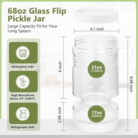 Pickle Jar 80oz Glass Pickle Jar with Strainer Flip,Airtight Kimchi Jar Leakproof Pickle Container Olive Hourglass Jar with Strainer,Pickle Juice Jar for Gherkins,jalapenos,onions,mushrooms,