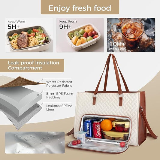 Lunch Tote Bag for Women, 15.6 inch Work Laptop Bag with Insulated Lunch Compartment - PU Leather Quilted Large Computer Handbag with Purse for Office Travel Casual - White