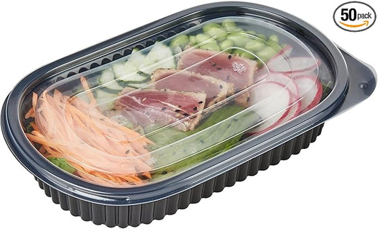 RW Base 25 Ounce Meal Prep Containers, 50 Microwavable To Go Containers With Lids - Disposable, Freezable, Black Plastic Oval Food Containers, Pack Hot And Cold Food, For Takeaway - Restaurantware