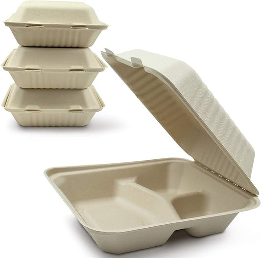 Green Earth, 8-inch, 50-Count, 3-Compartment, Compostable Clamshell, BAM ware (Bamboo Fiber), Take-Out/to-Go Food Boxes - Biodegradable Containers, Hinged Lid Microwave-Safe Gluten-Free
