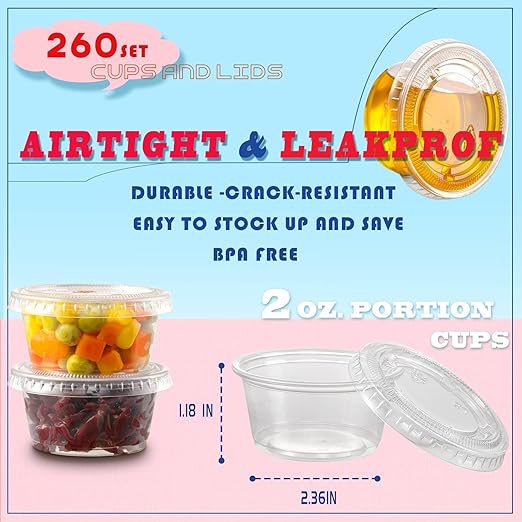 [260 Sets - 2 oz ] Jello Shot Cups, Small Plastic Containers with Lids, Airtight and Stackable Portion Cups for Salad Dressing, Dipping Sauce and Condiment for Lunch, Party, Trips