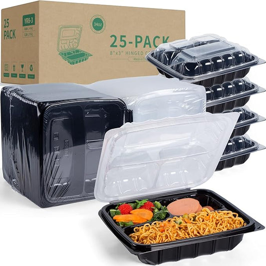 YANGRUI To Go Containers, Reusable Anti-Fog Leak Proof Shrink Wrap 25 Pack 34 oz 8 Inch 3 Compartment Clamshell Take Out Container BPA Free Pure PP Meterial Microwave Freezer Safe Meal Prep Boxes