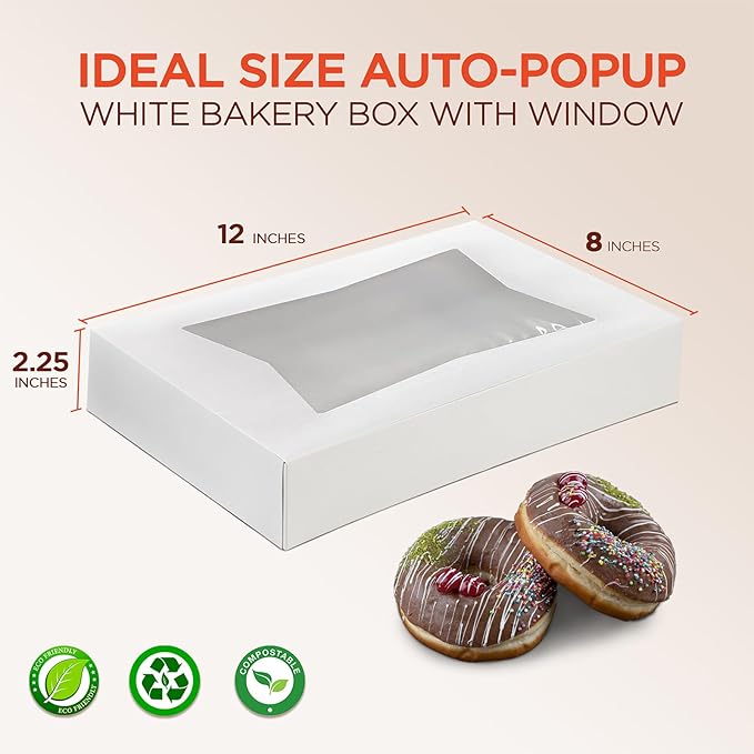 Fit Meal Prep 25 Pack White Bakery Boxes with Window, 12 x 8 x 2.25 Inches Auto-Popup Cookie Boxes, Treat Boxes for Chocolate, Muffins, Donuts, Pastries and Macaroons