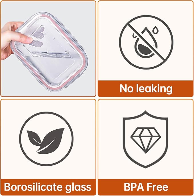 HOMBERKING 8 Pack Glass Food Storage Containers with Lids, Meal Prep Containers, Airtight Bento Boxes with Leak Proof Locking for Microwave, Oven, Freezer and Dishwasher, BPA Free, 5-35oz, Pink