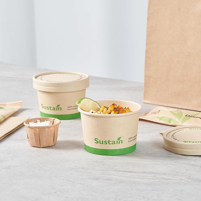 Restaurantware-Sustain 4 Ounce Paper Soup Containers, 50 Disposable Ice Cream Cups - Lids Sold Separately, With PLA lining, Bamboo To Go Hot Soup Bowls, Compostable, Greaseproof