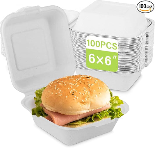 greensight To Go Containers Disposable 6X6, 100 Pack Clamshell Food Containers, Compostable To Go Boxes, Biodegradable Food Containers With White Bagasse