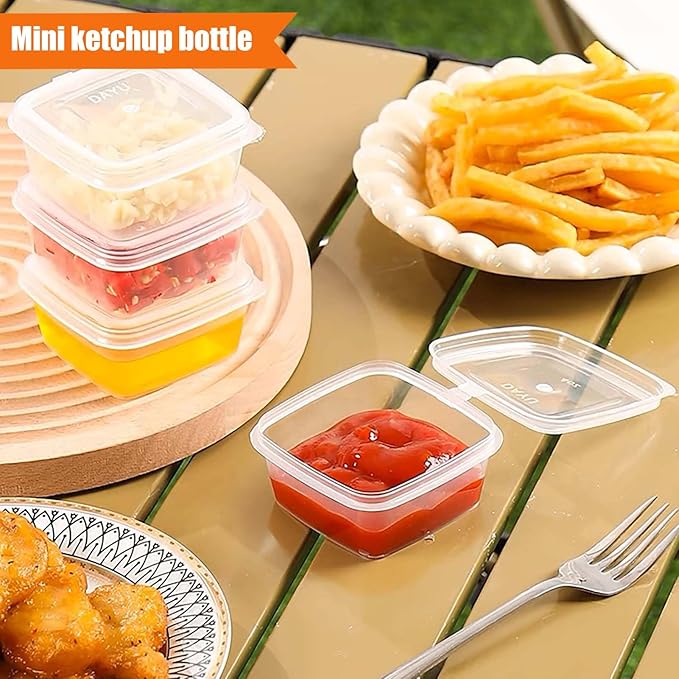 50 Sets 2 1/2 oz Square Shaped Jello Shot Cups with Lids, Small Condiment Containers, Disposable Portion Cups, Plastic Souffle Cup, Mini Sample Tasting Cups, Dipping Sauce Cup To Go Bowls, Clear