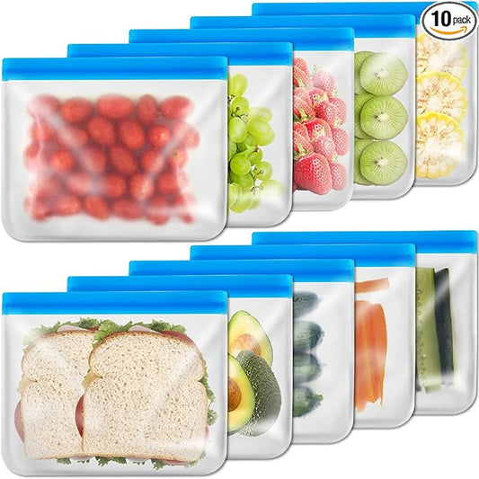 AURUZA 10 Pack Reusable Sandwich Bags Ziplock, Reusable Ziplock Silicone Bags Reusable Food Storage Bags, Zip Lock Freezer Bag Home Fridge Kitchen Organization Lunch Meal Prep Sandwich Containers