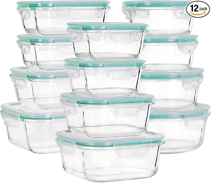 Glass Food Storage Containers with Lids, [24 Piece] Glass Meal Prep Containers, Airtight Glass Bento Boxes, BPA Free & Leak Proof (12 lids & 12 Containers) - Blue