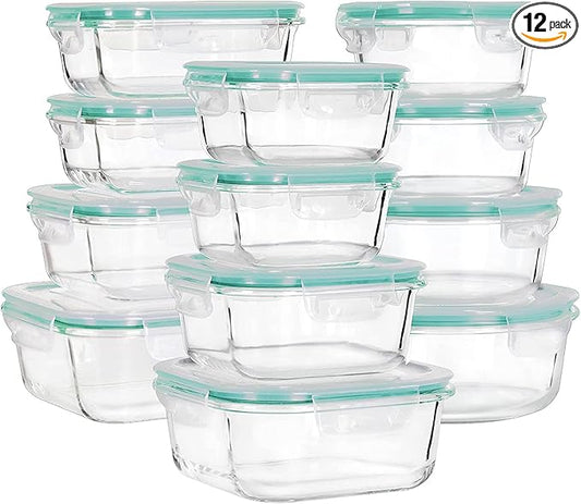Glass Food Storage Containers with Lids, [24 Piece] Glass Meal Prep Containers, Airtight Glass Bento Boxes, BPA Free & Leak Proof (12 lids & 12 Containers) - Blue