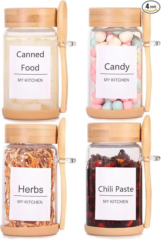 SAIOOL 4 Pack Glass Storage Containers with Bamboo Lids and Spoon,Overnight Oats Containers with Lids,with Anti Slip Silicone Base,Seasoning Organizer,Spice Jars (Bamboo 8.5OZ*4)