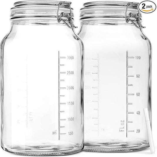 1 Gallon Super Wide Mouth Glass Storage Jars with Airtight Lids and 2 Measurement Marks, Leak Proof Glass Container with Hinged Lids, Large Pickle Jars with Labels and Silicone Gasket, 2 Pack