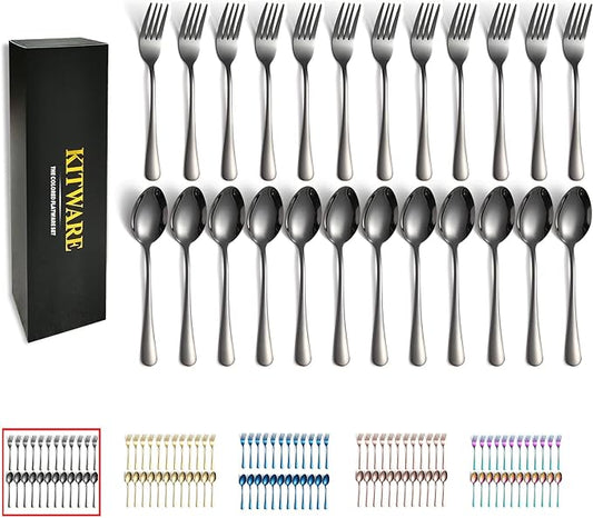 Black Forks and Spoons Silverware Set, KITWARE 24 pieces Flatware Set for 12, Stainless Steel Tableware Cutlery Set for Family, Restaurant, Hotel, Travel, Lunch Box
