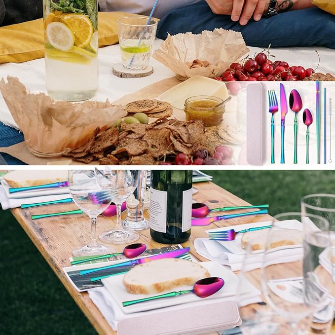 AARAINBOW 7 Pieces Stainless Steel Flatware Set Portable Reusable Cutlery Set Travel Utensils Set Including Chopsticks Knife Fork Spoon Straws Cleaning Brush Dishwasher Safe (B-Multicolored)