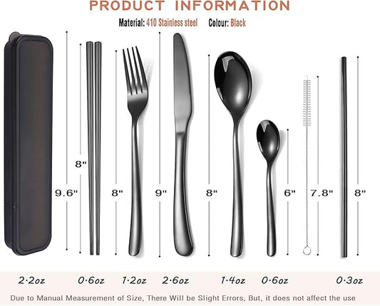AARAINBOW 6 Pieces Stainless Steel Flatware Set Portable Reusable Cutlery Set Travel Utensils Set Including Chopsticks Knife Fork Spoon Straws Cleaning Brush Dishwasher Safe (7 Black)
